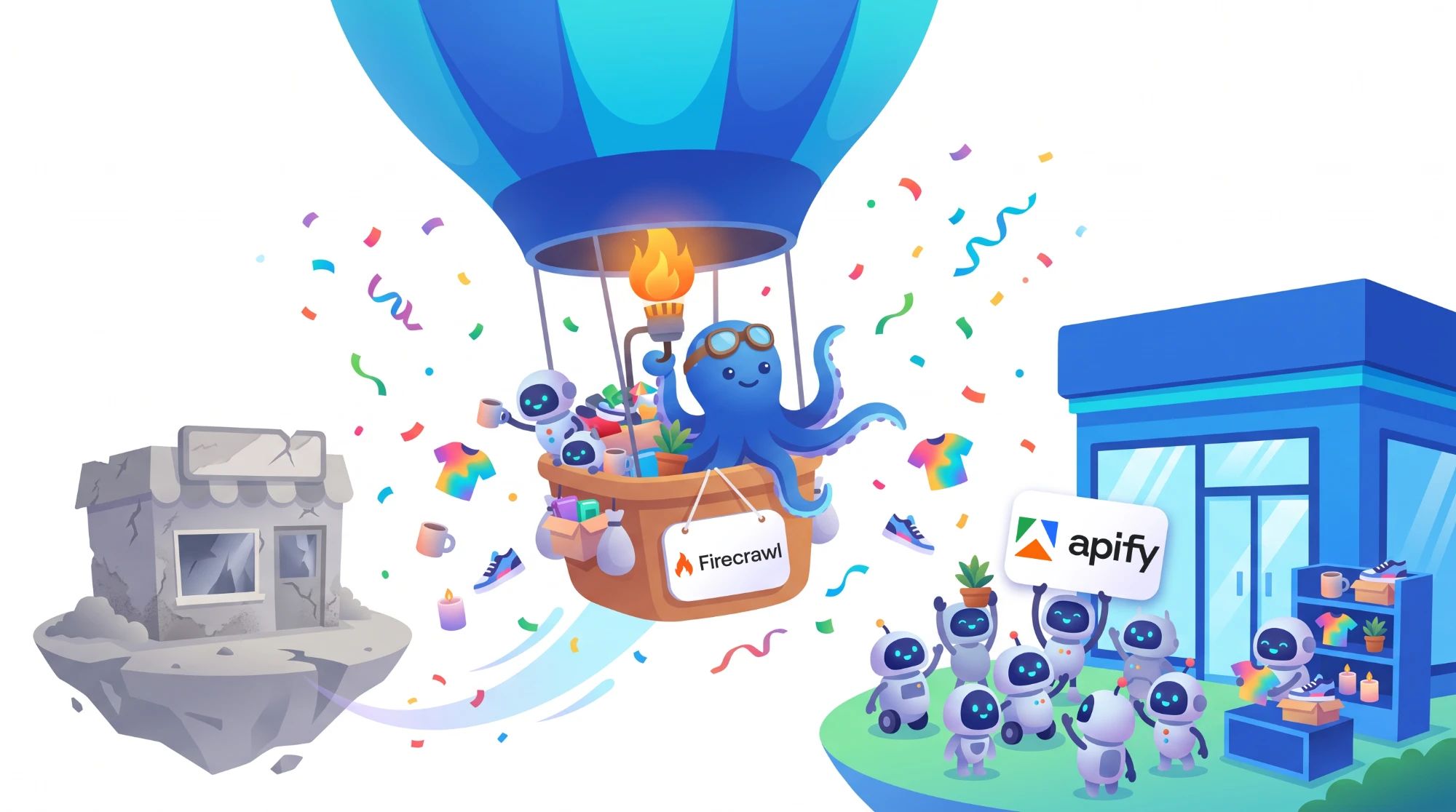 Octa the octopus flies a hot-air balloon labelled Firecrawl, full of products, from a crumbling grey shop to a bright new store where robots hold an Apify sign
