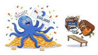 Octa the octopus, dizzy with joy on a pile of gold coins, holds up a $50,000 cheque with the PostHog logo while a hedgehog leaps past a PostHog Start Up Plan badge