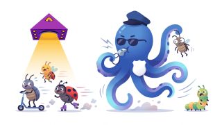 Octa the octopus in a police cap and sunglasses blows a whistle and catches bugs escaping on a scooter and roller skates
